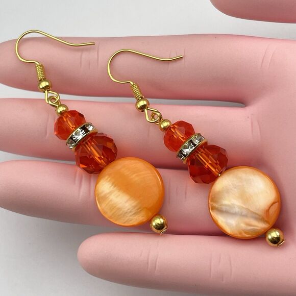 Orange Mother Of Pearl Disc Glass Beaded Gold Tone Earrings Dangle Rhinestones - Picture 5 of 6